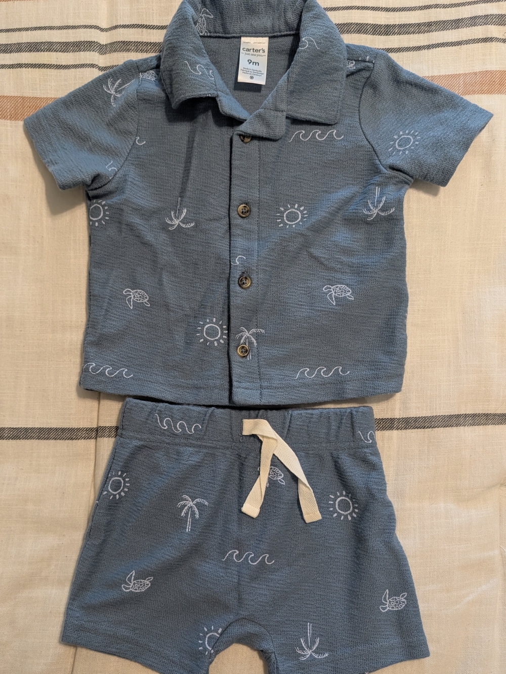 Carter's Blue Short-Sleeve Set with White Beach Motifs Size 9 Months